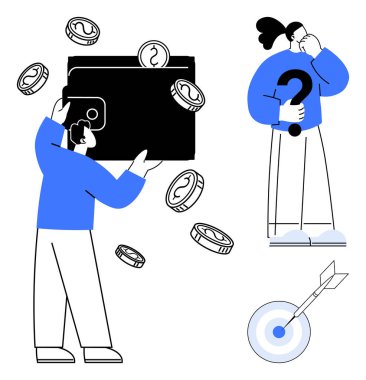 Cüzdanında bozuk para olan bir adam, soru işareti taşıyan bir kadın ve oklu bir hedef. Finans, yatırım, bütçe, tasarruf, planlama ve hedef belirleme sorunları için ideal