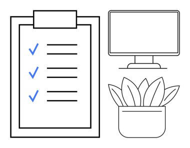 Görev listesi panosunda kontrol işaretleri, bilgisayar monitörü ve saksı var. Üretkenlik, çalışma alanı, organizasyon, görevler, iş-yaşam dengesi ofis dekorasyonu için idealdir. Basit düz metafor