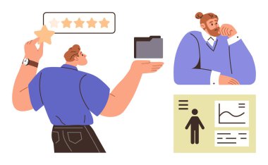 Adamın elinde yıldız derecesi ve dosyası var. Masada başka bir tasarım var. Veri tabloları sunulmuş. Değerlendirme, inceleme süreci, analitik, karar verme, HR görevleri, performans değerlendirmesi için ideal