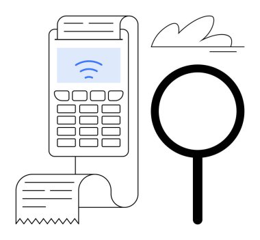 Yazılı makbuzlu ödeme terminali ve dijital işlem izleme, analiz ve güvenliği sembolize eden büyüteç. Finans, teknoloji, perakende, e-ticaret, denetleme ve bankacılık için ideal