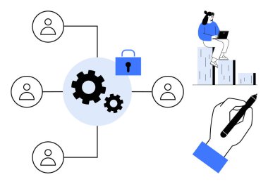 Profil bağlantıları, asma kilit güvenliği simgeliyor, profesyonel el yazısı ve çubuk grafiğindeki kişi. Takım çalışması, işbirliği, iş akışı, güvenlik, analitik verimlilik için ideal