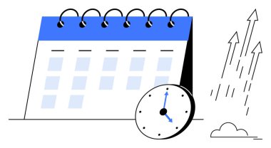 Spiral takvim, saat ve yukarı çıkan oklar verimliliği, zamanlamayı, gol atmayı simgeliyor. Planlama, öncelikler, iş büyümesi, son teslim tarihleri organizasyon verimliliği için idealdir.