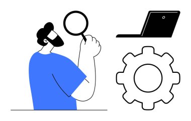 Soruşturmayı temsil eden büyüteç tutan adam, süreci veya sistemi sembolize eden teçhizat, çalışma alanını öneren dizüstü bilgisayar. Analiz, strateji, teknoloji, araştırma, sorun çözme için ideal
