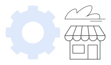 Gear icon next to a storefront with a cloud above, symbolizing business automation, technology, and innovation. Ideal for commerce, development, economy, startup, process solutions simple flat