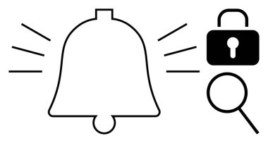Bell signaling alert, secure lock symbol, and magnifying glass. Ideal for privacy, security, monitoring, alerts, notifications analysis online safety. Simple flat metaphor