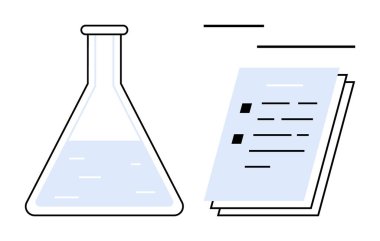 Laboratory flask containing liquid beside documents with marked text. Ideal for education, research, science, analysis, studies, innovation, ideas, simple flat metaphor