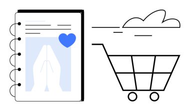 Open notebook with prayer icon and heart beside a shopping cart under cloud. Ideal for online shopping, spirituality, faith, gratitude, e-commerce, mindfulness, organization. Simple flat metaphor