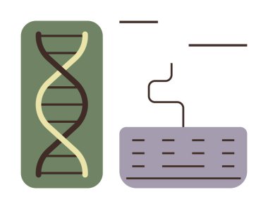DNA strand and abstract text code on green and purple blocks. Ideal for science, research, biotechnology, genetics, DNA sequencing, biology, education. Simple flat metaphor