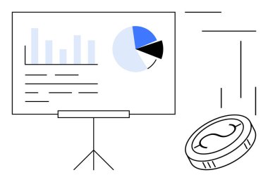 Business chart on a tripod stand showcasing bar graph, pie chart, and financial data. Floating coin represents economic growth or investment. Ideal for finance, business analysis, marketing