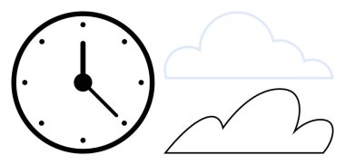 Analog clock with bold markings paired with cloud outlines. Ideal for time, weather forecasting, scheduling, simplicity, abstract concepts, minimalism, productivity. Simple flat metaphor