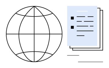 Globe representing connectivity paired with structured documents. Ideal for communication, organization, global networking, knowledge sharing, business planning, data management, simple flat metaphor