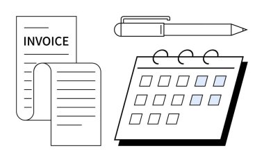 Invoice document, pen, and calendar highlight task management, financial organization, deadlines, and payment scheduling. Ideal for planning, budgeting, billing goals scheduling office