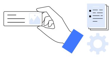 Hand holding ID card with photo and text, papers with checkboxes, and gear. Ideal for identity verification, data access, management, administration, organization, workflow simple flat metaphor