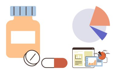 Medication bottle with pills and capsules, pie charts, graphs, and detailed data analysis dashboard. Ideal for healthcare, pharmacy, research, statistics, medical analysis decision making simple