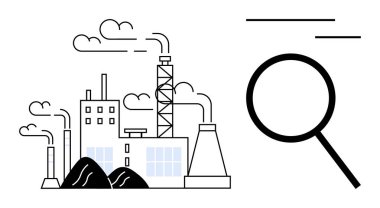 Factory emitting smoke with large chimneys and coal piles under clouds. Magnifying glass emphasizing analysis. Ideal for environment, industry, pollution, analysis, research, sustainability, energy