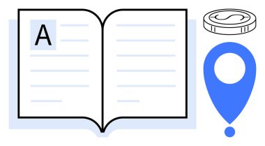 Open book with text, blue location pin, and coin highlighting learning, navigation, and prosperity. Ideal for education, travel, finance, knowledge sharing e-learning literacy simple flat metaphor