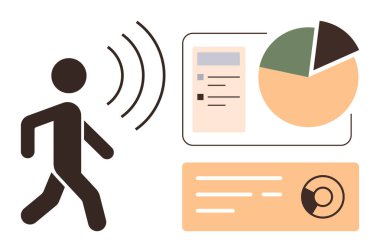 Person emitting waves toward charts and info panels. Ideal for communication, data analysis, monitoring, technology, connectivity, AI, business insights. Clean simple flat metaphor