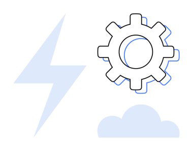 Gear placed alongside a lightning bolt and cloud. Ideal for technology, engineering, energy, innovation, cloud computing, automation, and data integration. Simple flat metaphor