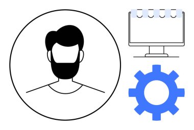 Circular avatar with a bearded face next to a computer monitor featuring a task list and a blue gear. Ideal for user profile, account settings, development, UI design, workflow, digital tools, team