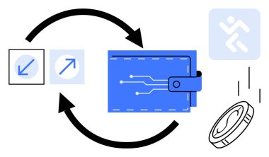 Digital wallet with circuit design, transaction arrows, coin, and icons highlighting funds transfer. Ideal for finance, fintech, cryptocurrency, electronic payment, blockchain e-commerce