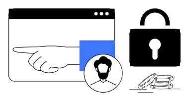 Hand pointing in a browser window, user avatar, coins, and padlock. Ideal for privacy, cybersecurity, online security, user authentication, data encryption payment security secure communication