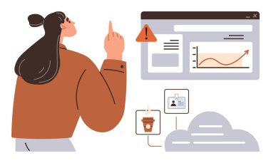 Woman gestures toward interface with graphs, alerts, ID icons, cloud storage. Ideal for data analysis, productivity, analytics, tech security cloud computing workflow modern business. Simple flat