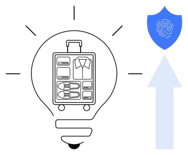Light bulb with suitcase inside, blue shield with fingerprint, and upward arrow. Ideal for travel innovation, security, technology, packing, ideas, modern transport simple flat metaphor