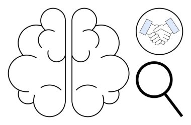 Outline of a brain flanked by a handshake for collaboration and a magnifying glass for research. Ideal for teamwork, innovation, brainstorming, knowledge, problem-solving, education, simple flat