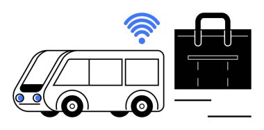 Bus with wireless connection beside traveling bag, lightweight design. Ideal for smart transport, travel, technology, urban mobility, logistics, sustainability, simple flat metaphor