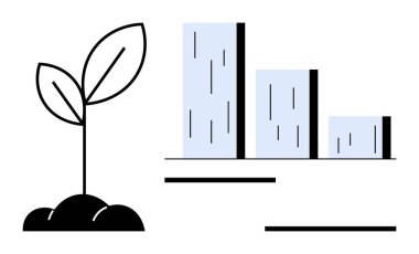 Plant sprout with soil paired with a declining bar chart, representing growth, sustainability, and challenges. Ideal for finance, ecology, business, progress loss nature economy. Simple flat