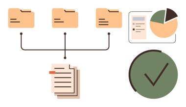File folders linked to a document, charts showing statistics, and a checkmark representing success. Ideal for organization, management, productivity, analytics, task completion, recordkeeping