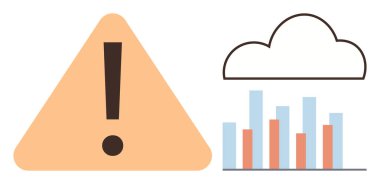 Exclamation mark in a triangle, cloud, and bar graph communicate data monitoring, risk, alert, decision-making, problem-solving, and information systems. Ideal for technology business dashboards