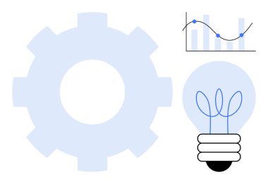 Gear for process, lightbulb with plant for growth ideas, graph for data insights. Ideal for innovation, strategy, productivity, workflow, growth, business minimal flat design metaphor