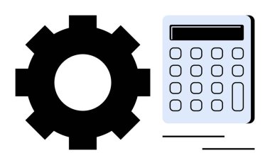 Gear symbol next to a basic calculator conveying efficiency, mathematics, and automation. Ideal for business, finance, engineering, productivity, technology analysis education. Simple flat metaphor