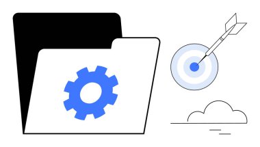 Folder with gear symbol alongside bullseye target and arrow, conveying ideas of organization, goal setting, and productivity. Ideal for business, planning, strategy, teamwork, achievement