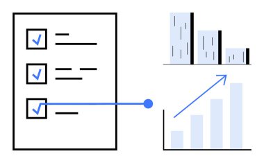 Checklist with ticked tasks, connected to graphical bar and column charts showing data trends and growth. Ideal for project management, productivity, progress tracking, organization, planning