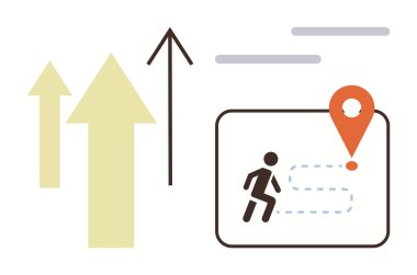 Arrows pointing upward symbolize growth, a running figure follows a dashed path towards a location pin, embodying progress and navigation. Ideal for success, strategy, goals, growth, achievement