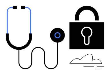 Stethoscope connected to a lock, symbolizing healthcare data security. Ideal for health technology, cybersecurity, privacy, secure communication, patient care, digital health, simple flat metaphor