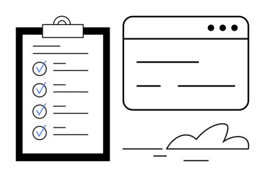 Checklist with blue checkmarks on clipboard next to browser window and cloud graphic. Ideal for productivity, organization, project management, task tracking, workflow, remote work, simple flat