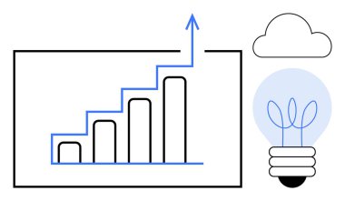 Bar chart with upward arrow signifying business growth, light bulb with plant saplings symbolizing innovation and sustainability, cloud symbol for technology. Ideal for growth strategy, business