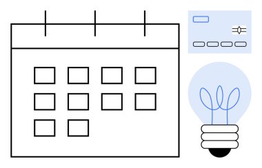 Calendar with grid layout, payment card, and glowing light bulb. Ideal for productivity, finance, brainstorming, innovation, scheduling creativity organization. Simple flat metaphor