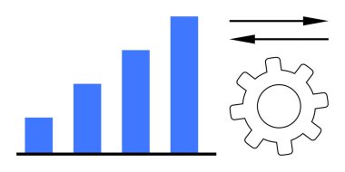 Blue bar chart shows growth, gear represents process and efficiency, arrows convey movement or data flow. Ideal for business, success, improvement, automation, analytics, trends and performance