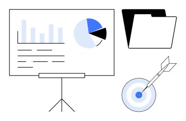 Data chart on a tripod screen, pie chart, folder icons, and dart hitting bullseye. Ideal for business strategy, analysis, organization, goal setting, efficiency project planning simple flat