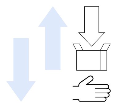 Arrows indicating movement, open box for packaging or shipping, and hand for receiving. Ideal for logistics, delivery, supply chain, packaging, distribution e-commerce and flow concept. Simple flat