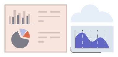 Bar chart, pie chart, and line graph on screens, emphasizing data analytics, reporting, cloud computing. Ideal for business, technology, workflow remote work analysis decision-making simple flat