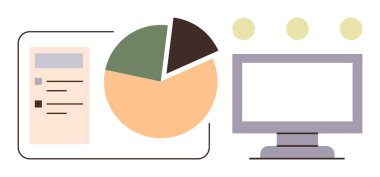 Pie chart, checklist-style document, computer monitor, and icons for presenting data analysis. Ideal for analytics, statistics, reporting, presentations, monitoring research simple flat metaphor