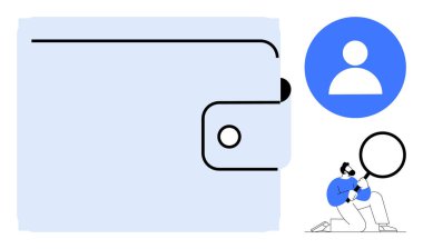 Minimal wallet design with profile icon and man examining with magnifying glass. Ideal for online payment, finance, security, identity verification, digital services, analysis, privacy. Simple flat
