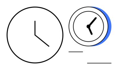 Simple clocks with hour and minute hands, overlapping for focus on time and efficiency. Ideal for time management, scheduling, punctuality, workflow, productivity, business goals, simple flat