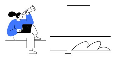 Woman sits with a laptop and uses a telescope, symbolizing exploration, vision, innovation, strategy, remote work, curiosity, and future planning. Ideal for modern work concepts simple flat metaphor