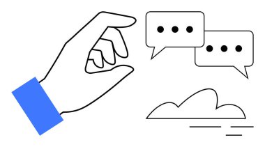 Outlined hand reaching toward speech bubbles, dotted with text, placed near a cloud. Ideal for messaging, communication, connection, outreach, networking creativity and collaboration. Modern flat